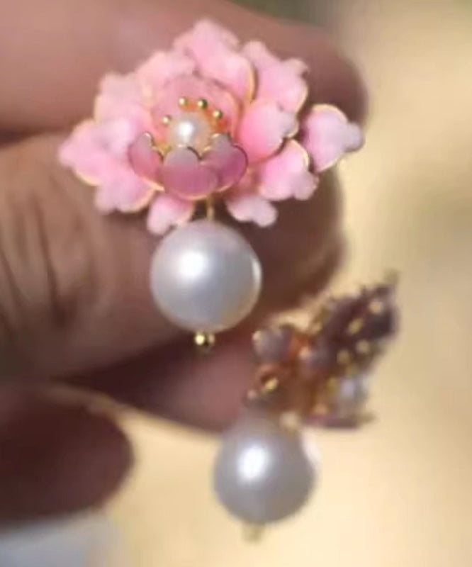 Cute Pink Alloy Pearl Drip Glaze Peach Blossom Stud Earrings