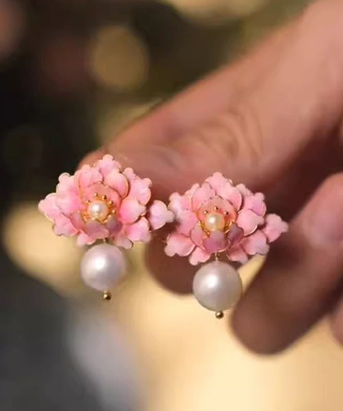 Cute Pink Alloy Pearl Drip Glaze Peach Blossom Stud Earrings