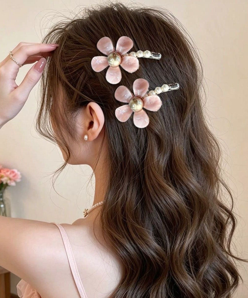 Cute Pink Alloy Pearl Floral A Pair Hairpin