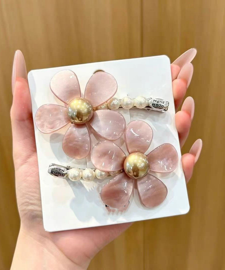 Cute Pink Alloy Pearl Floral A Pair Hairpin