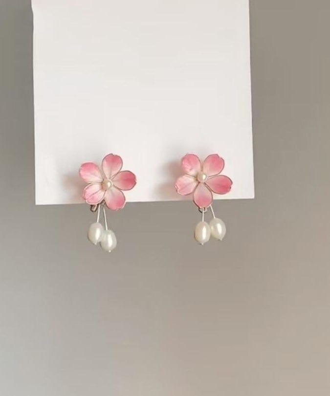 Cute Pink Alloy Pearl Floral Drop Earrings