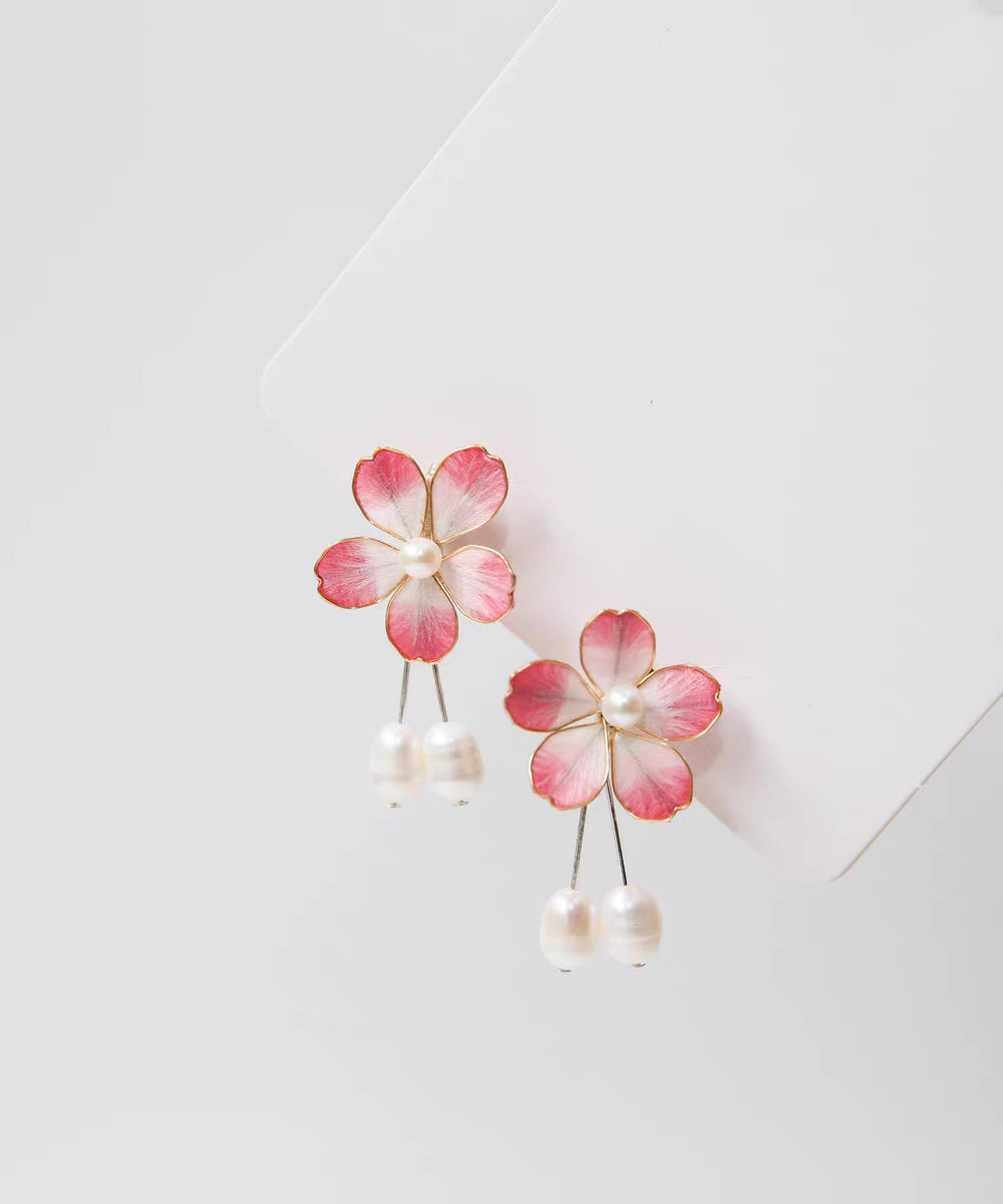 Cute Pink Alloy Pearl Floral Drop Earrings