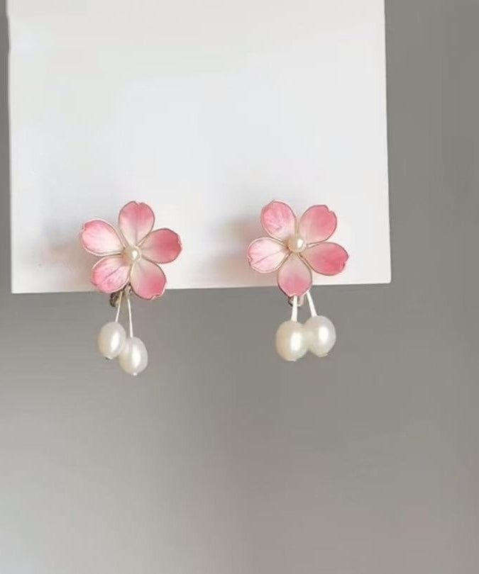 Cute Pink Alloy Pearl Floral Drop Earrings