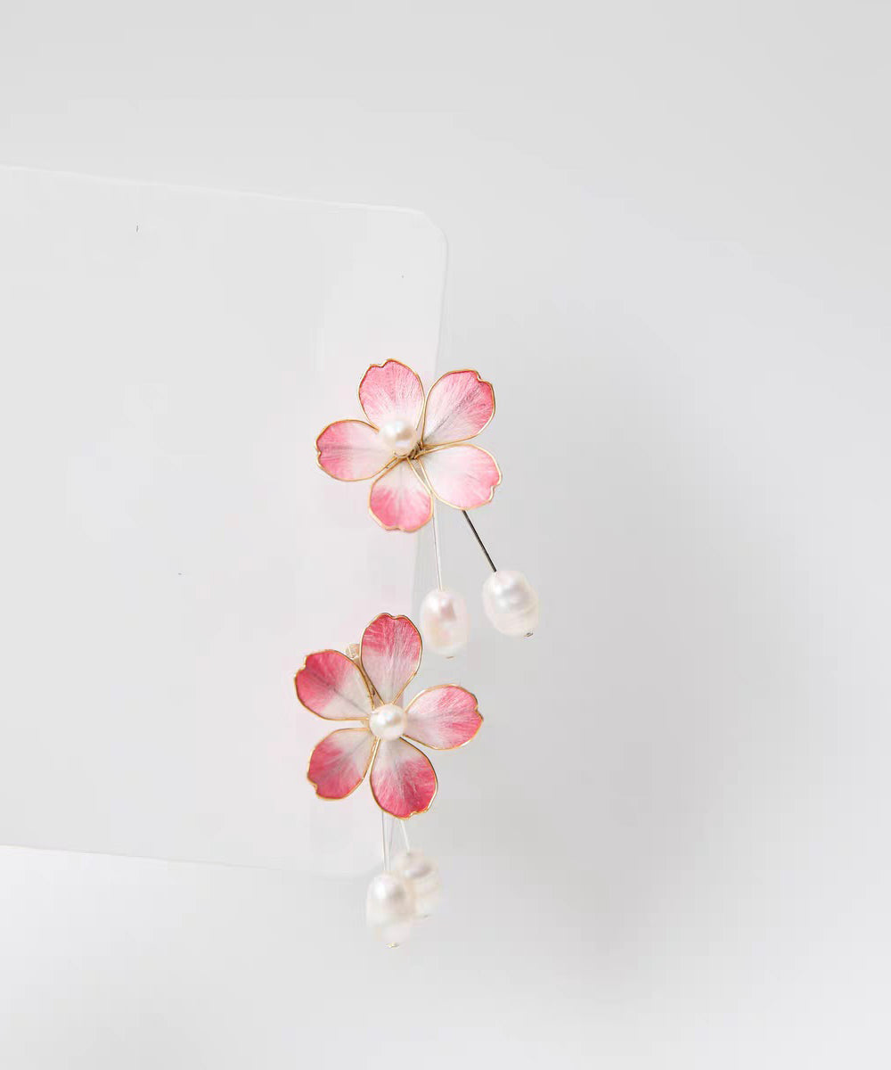 Cute Pink Alloy Pearl Floral Drop Earrings