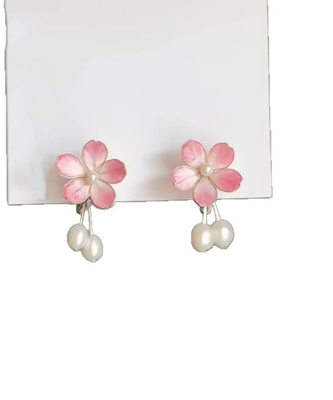 Cute Pink Alloy Pearl Floral Drop Earrings