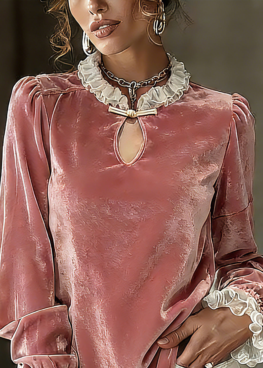 Cute Pink Cinched Patchwork Silk Velour Shirt Petal Sleeve