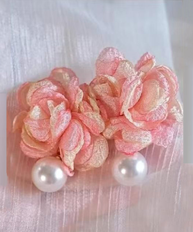 Cute Pink Cloth Pearl Floral Stud Earrings