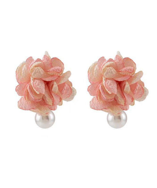 Cute Pink Cloth Pearl Floral Stud Earrings