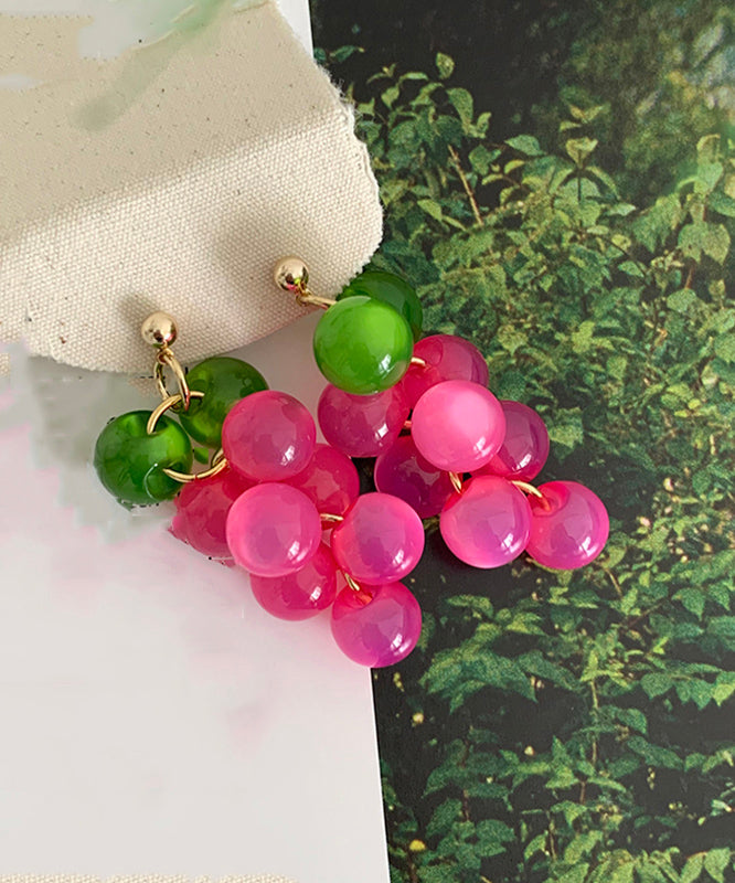 Cute Pink Copper Alloy Cat's Eye Stone Resin Grape Drop Earrings