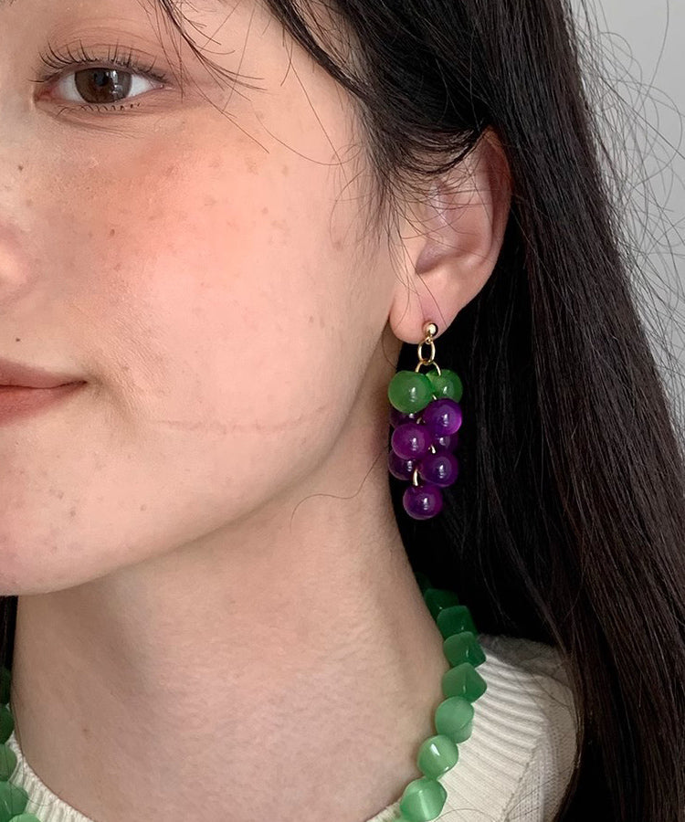 Cute Pink Copper Alloy Cat's Eye Stone Resin Grape Drop Earrings