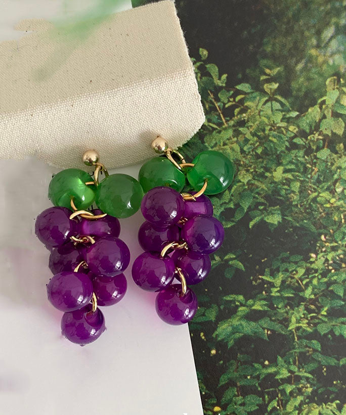 Cute Pink Copper Alloy Cat's Eye Stone Resin Grape Drop Earrings