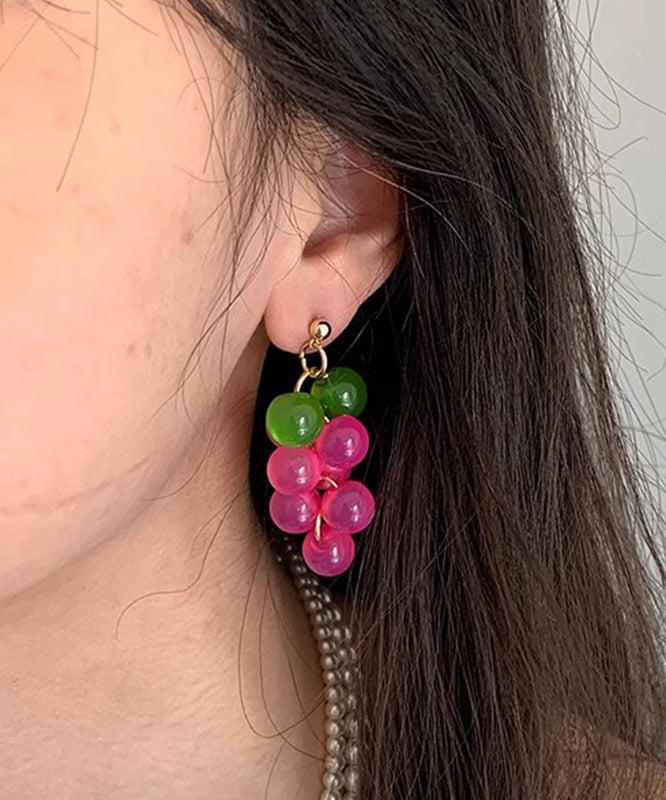 Cute Pink Copper Alloy Cat's Eye Stone Resin Grape Drop Earrings