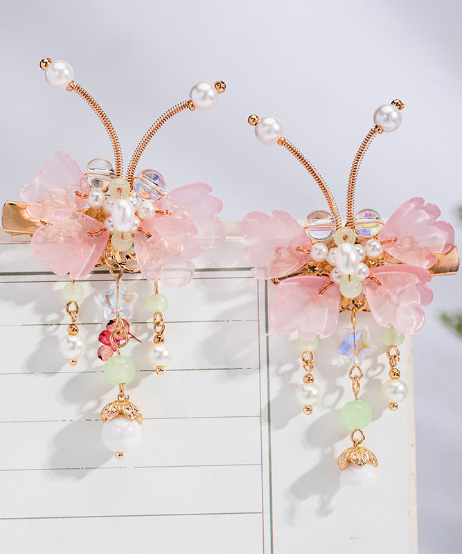 Cute Pink Copper Alloy Pearl Butterfly Tassel Kids A Pair Hairpin