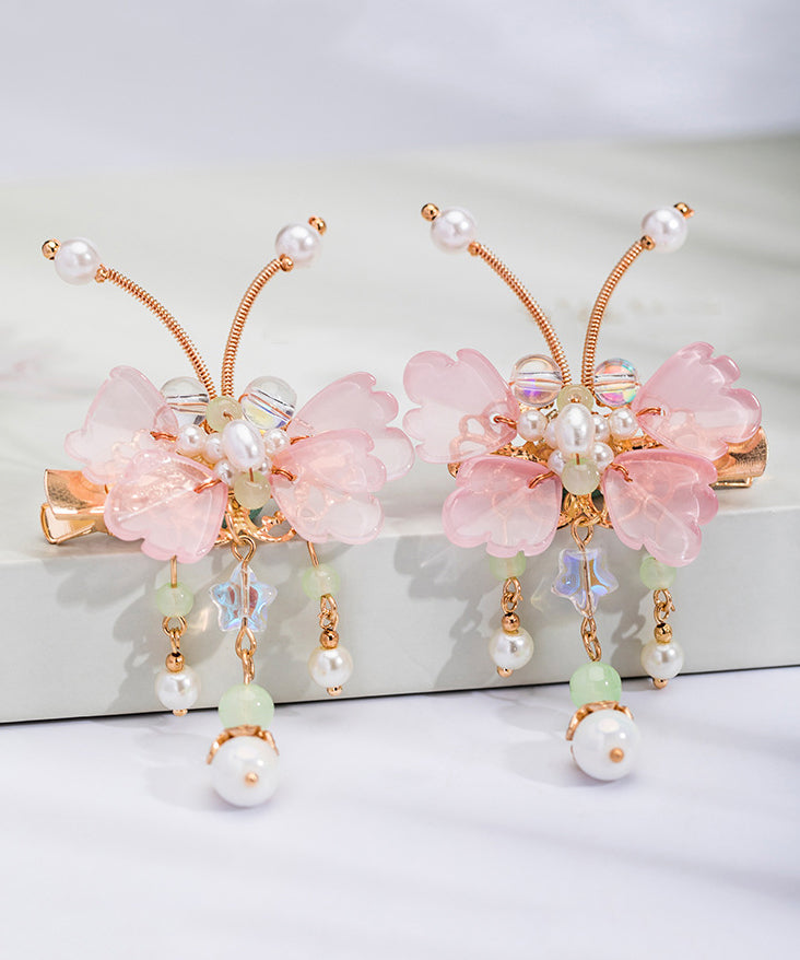Cute Pink Copper Alloy Pearl Butterfly Tassel Kids A Pair Hairpin