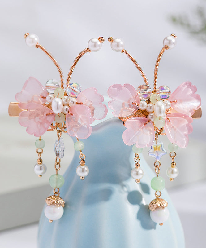 Cute Pink Copper Alloy Pearl Butterfly Tassel Kids A Pair Hairpin
