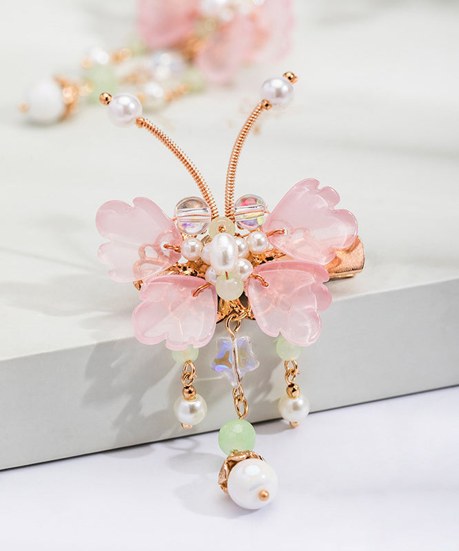 Cute Pink Copper Alloy Pearl Butterfly Tassel Kids A Pair Hairpin