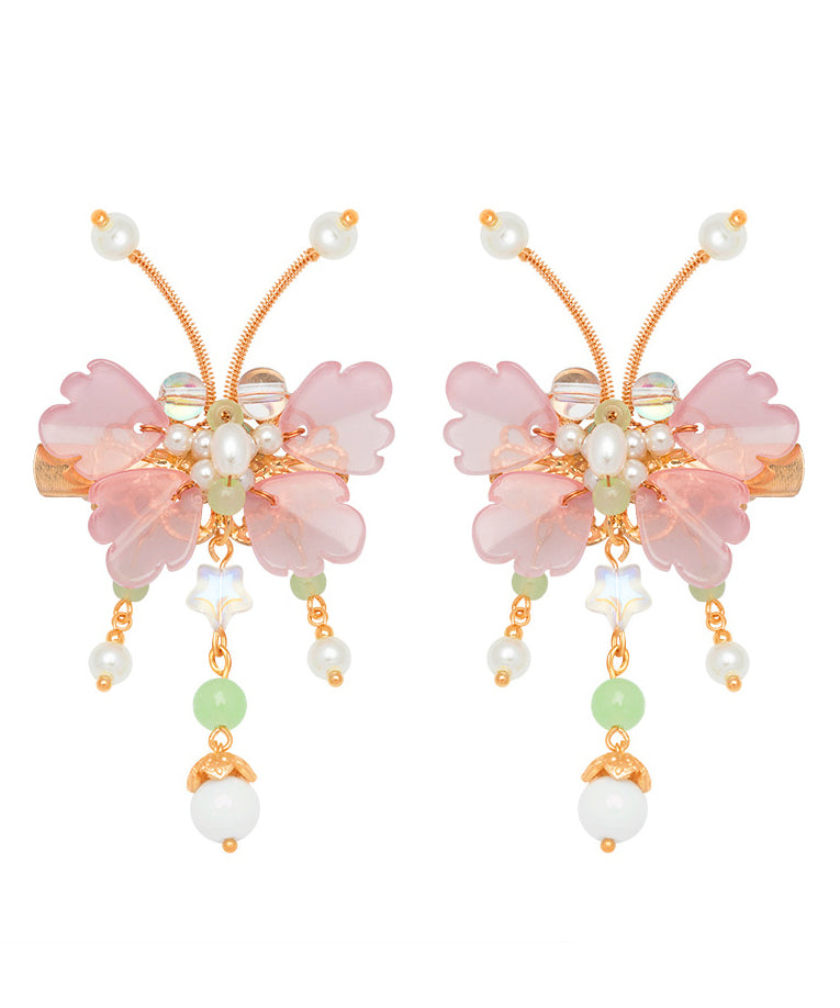 Cute Pink Copper Alloy Pearl Butterfly Tassel Kids A Pair Hairpin