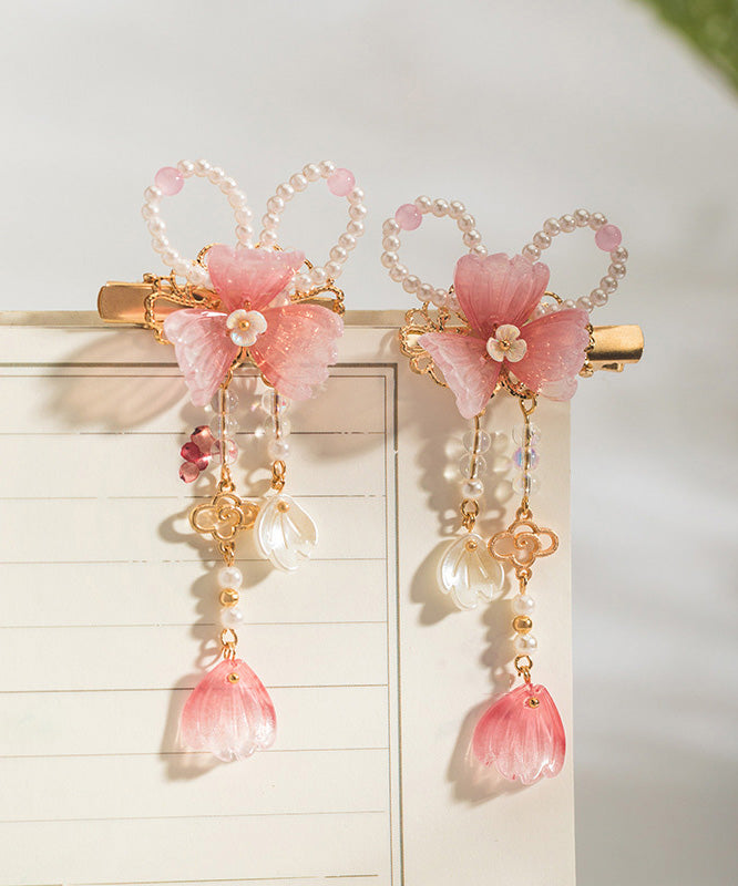 Cute Pink Copper Alloy Pearl Colored Glaze Tassel A Pair Hairpin