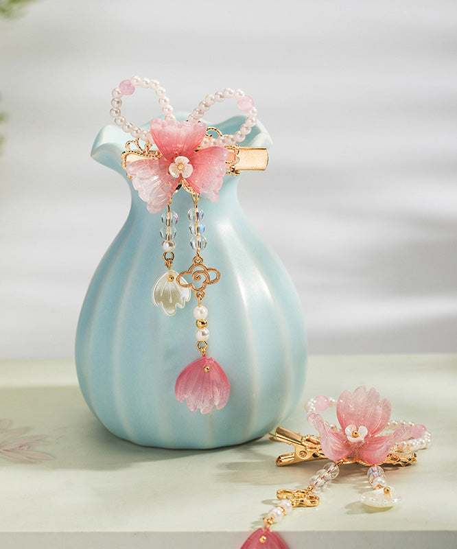 Cute Pink Copper Alloy Pearl Colored Glaze Tassel A Pair Hairpin