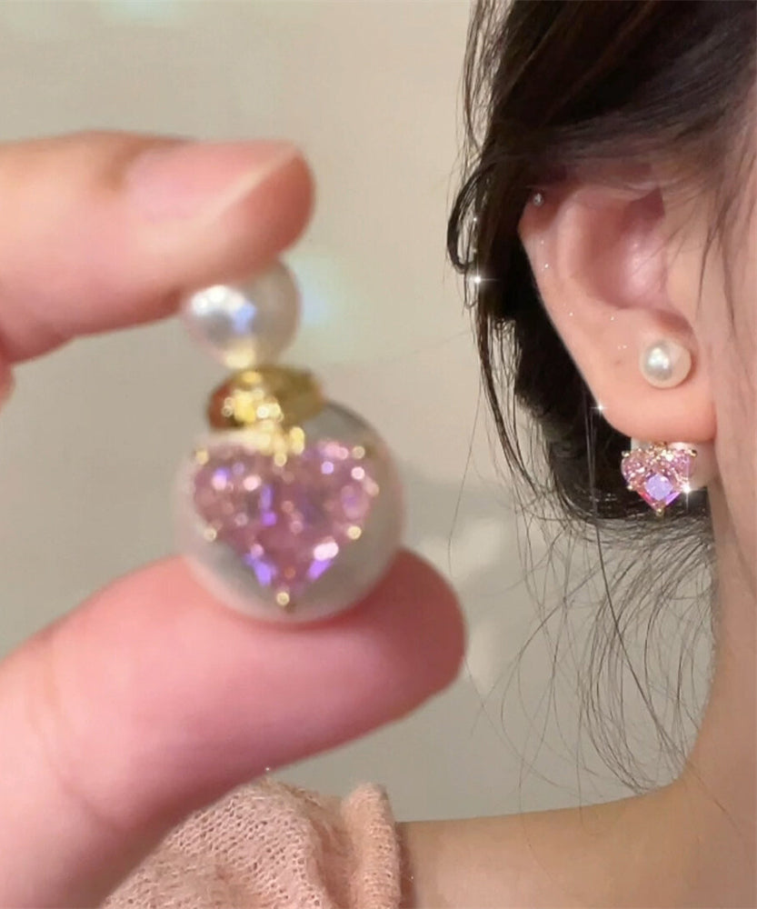Cute Pink Copper Alloy Zircon Love Pearl Stud Earrings