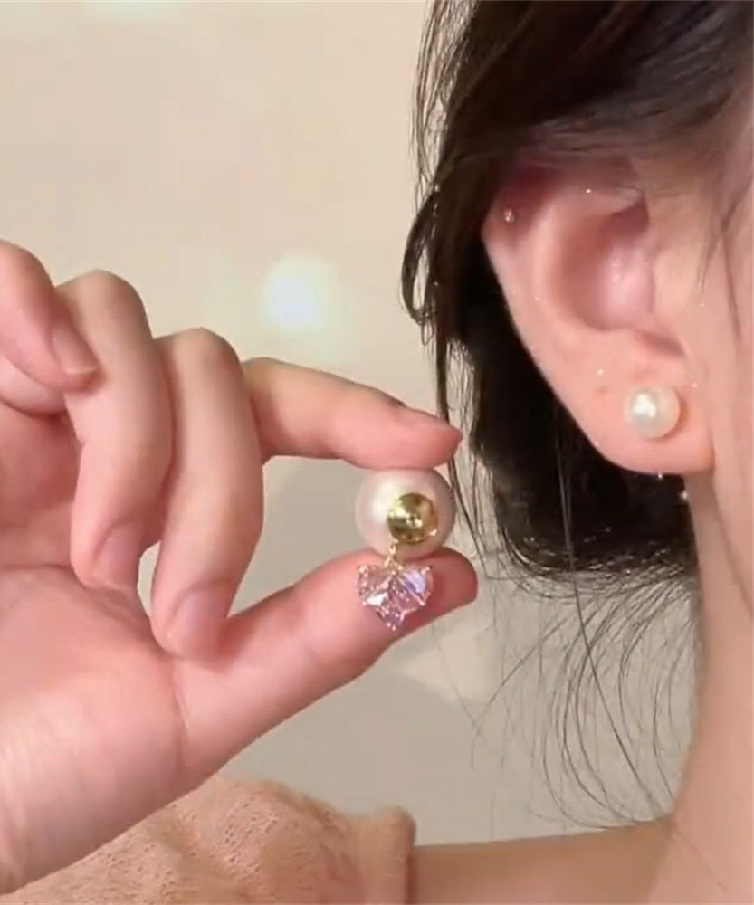 Cute Pink Copper Alloy Zircon Love Pearl Stud Earrings