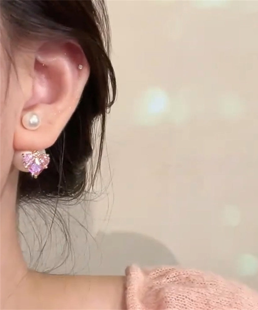 Cute Pink Copper Alloy Zircon Love Pearl Stud Earrings