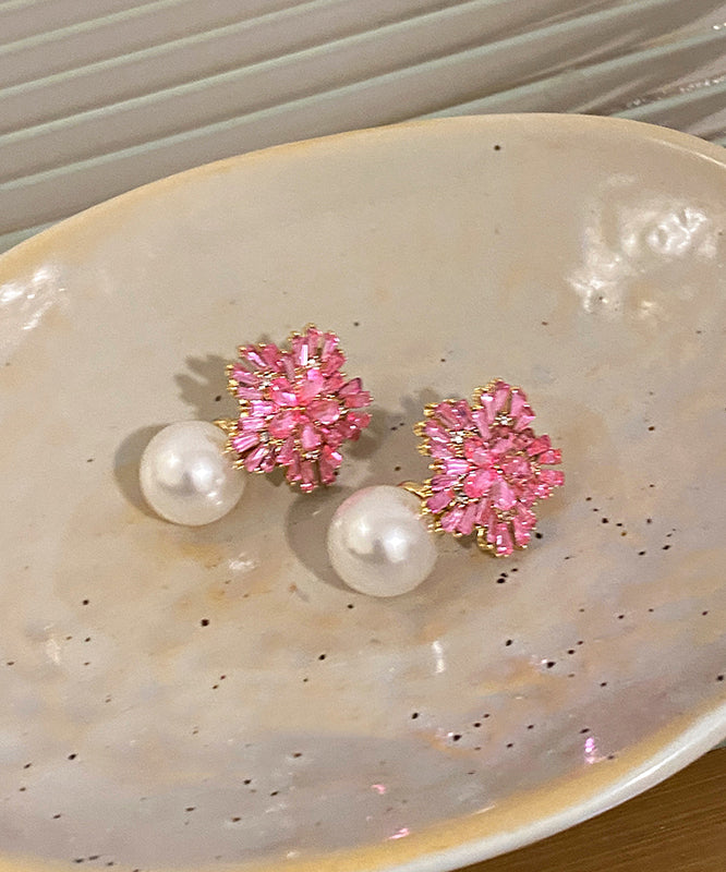 Cute Pink Copper Alloy Zircon Pearl Drop Earrings