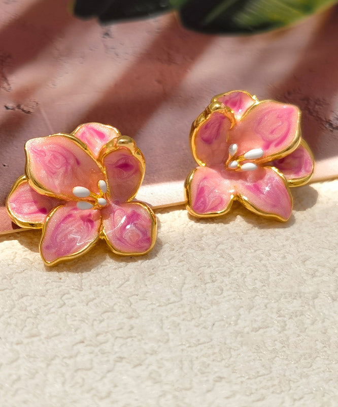 Cute Pink Copper Floral Drip Glaze Stud Earrings
