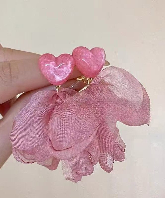 Cute Pink Copper Overgild Acrylic Cloth Flora Stud Earrings