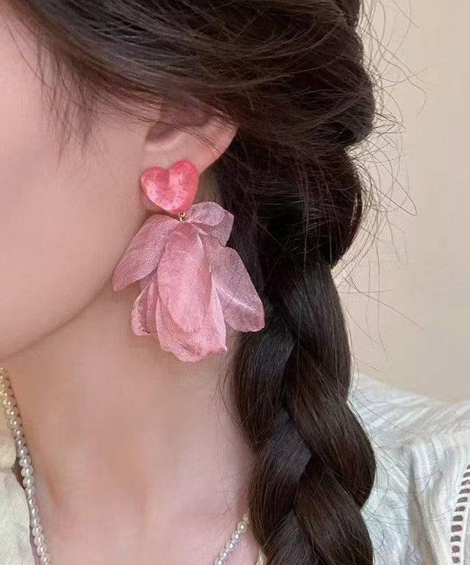 Cute Pink Copper Overgild Acrylic Cloth Flora Stud Earrings