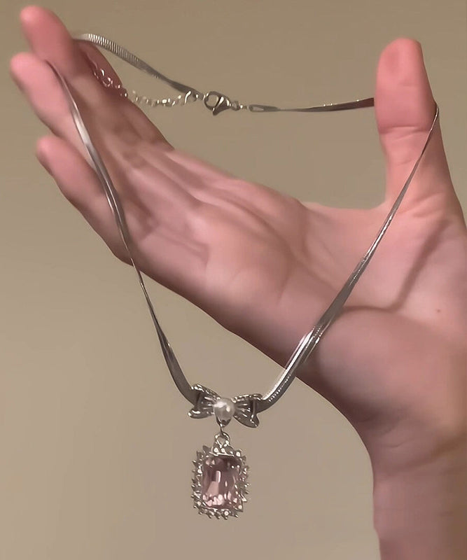 Cute Pink Copper Overgild Zircon Bow Pendant Necklace