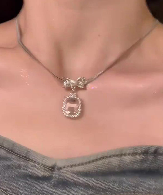 Cute Pink Copper Overgild Zircon Bow Pendant Necklace