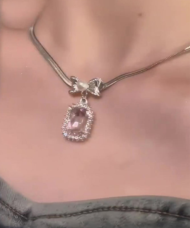 Cute Pink Copper Overgild Zircon Bow Pendant Necklace