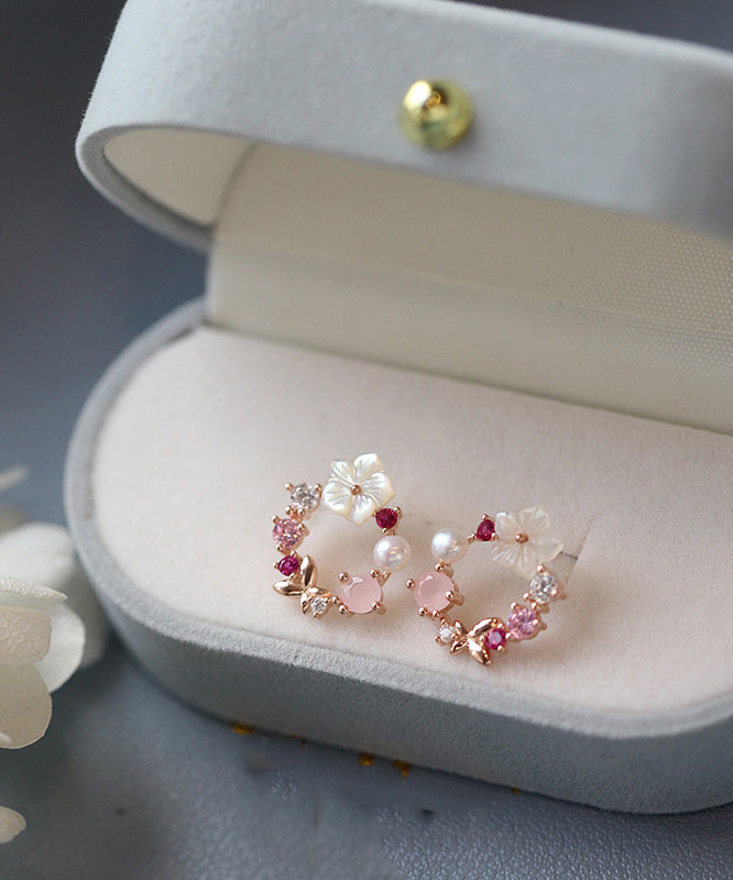 Cute Pink Copper Overgild Zircon Floral Hoop Earrings