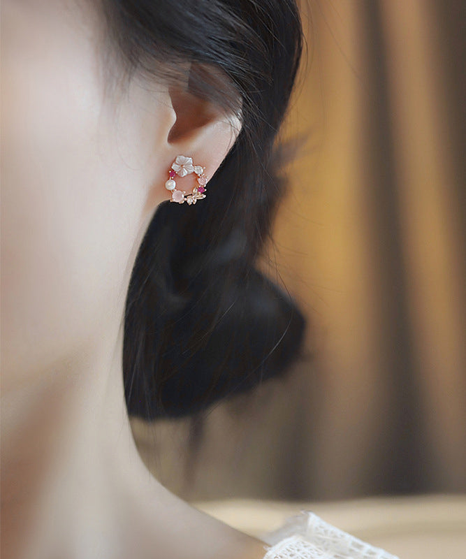 Cute Pink Copper Overgild Zircon Floral Hoop Earrings