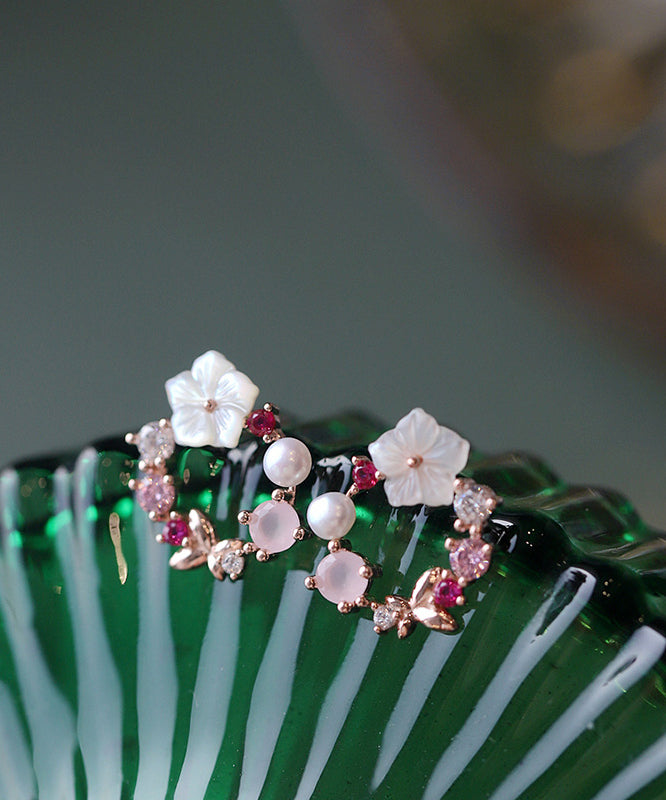 Cute Pink Copper Overgild Zircon Floral Hoop Earrings