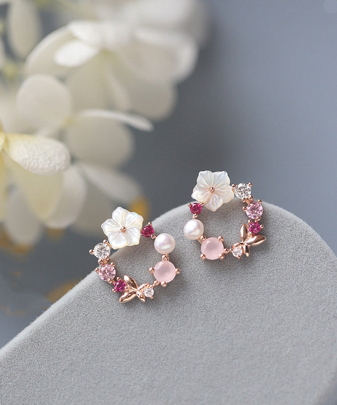 Cute Pink Copper Overgild Zircon Floral Hoop Earrings