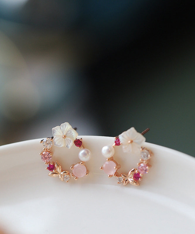 Cute Pink Copper Overgild Zircon Floral Hoop Earrings