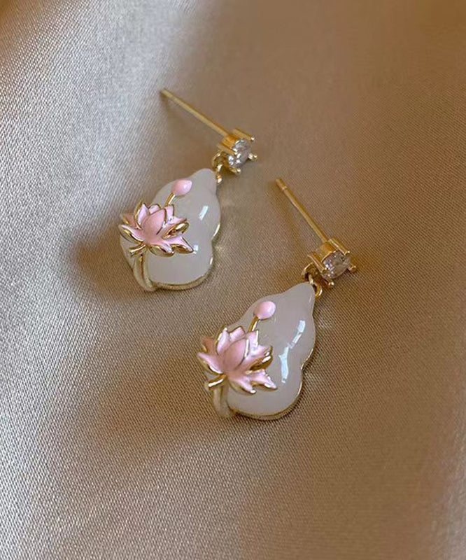 Cute Pink Copper Overgild Zircon Lotus Drop Earrings