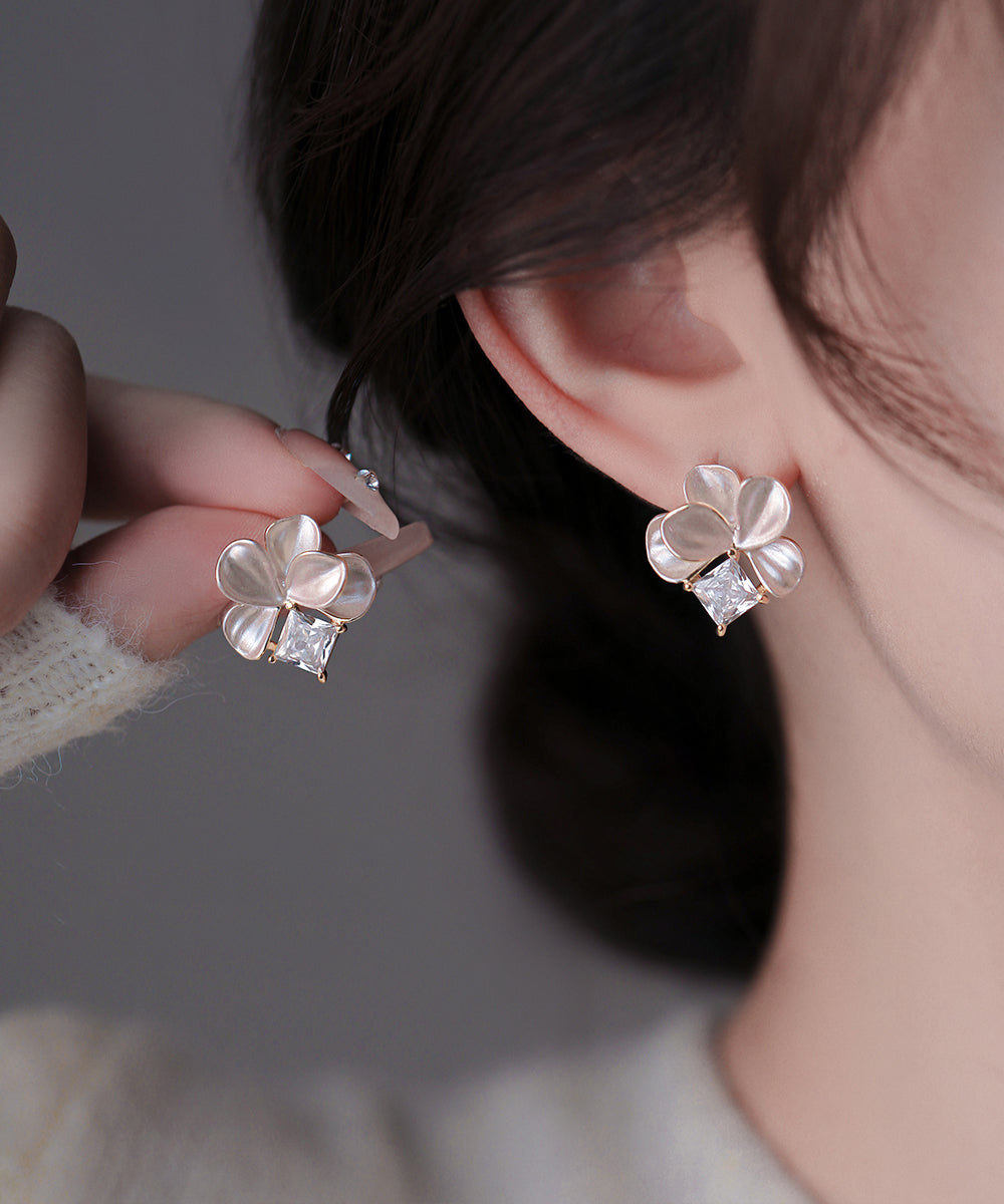 Cute Pink Copper Overgild Zircon Petal Stud Earrings