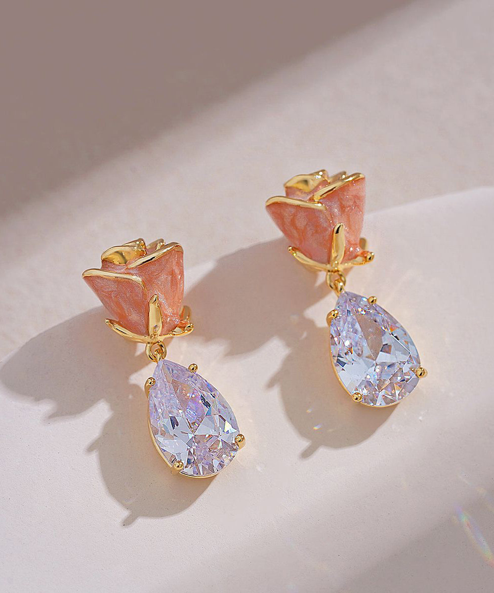 Cute Pink Copper Zircon Gem Stone Rose Water Drop Drop Earrings