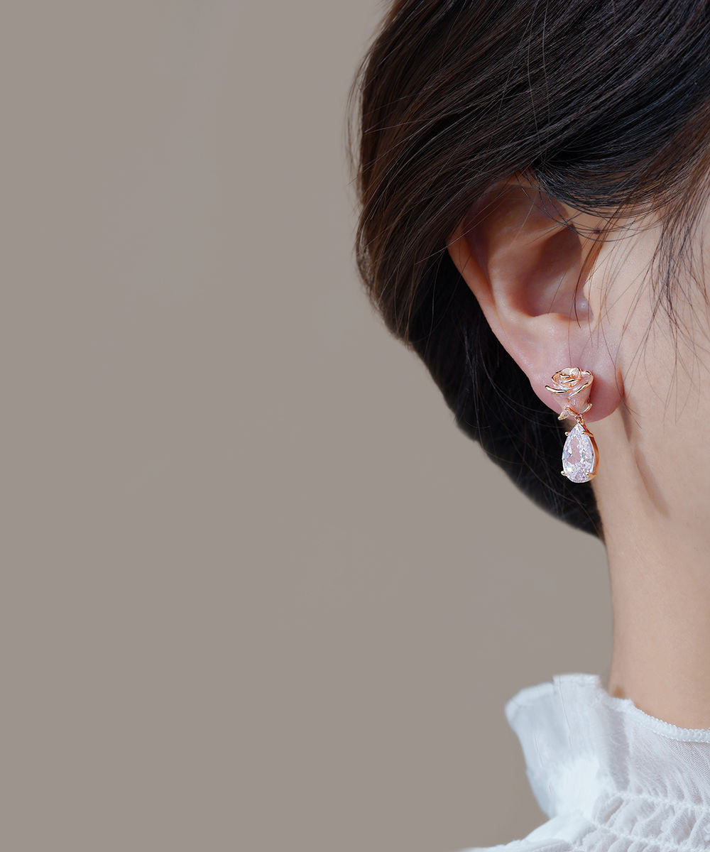 Cute Pink Copper Zircon Gem Stone Rose Water Drop Drop Earrings