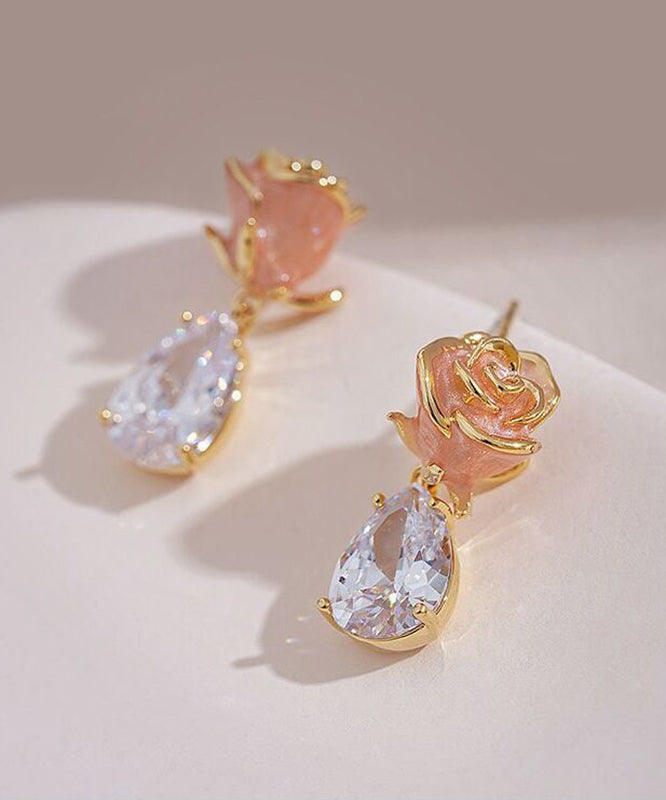 Cute Pink Copper Zircon Gem Stone Rose Water Drop Drop Earrings