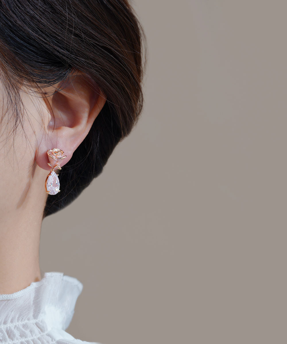 Cute Pink Copper Zircon Gem Stone Rose Water Drop Drop Earrings
