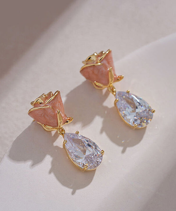 Cute Pink Copper Zircon Gem Stone Rose Water Drop Drop Earrings