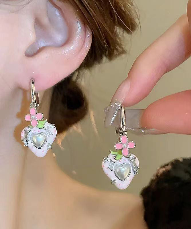 Cute Pink Copper Zircon Pearl Strawberry Love Stud Earrings