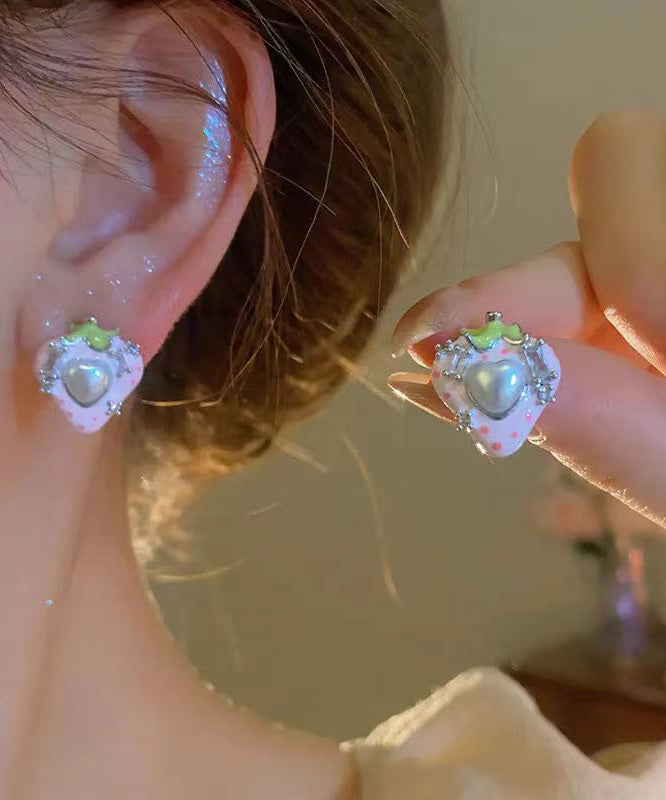 Cute Pink Copper Zircon Pearl Strawberry Love Stud Earrings