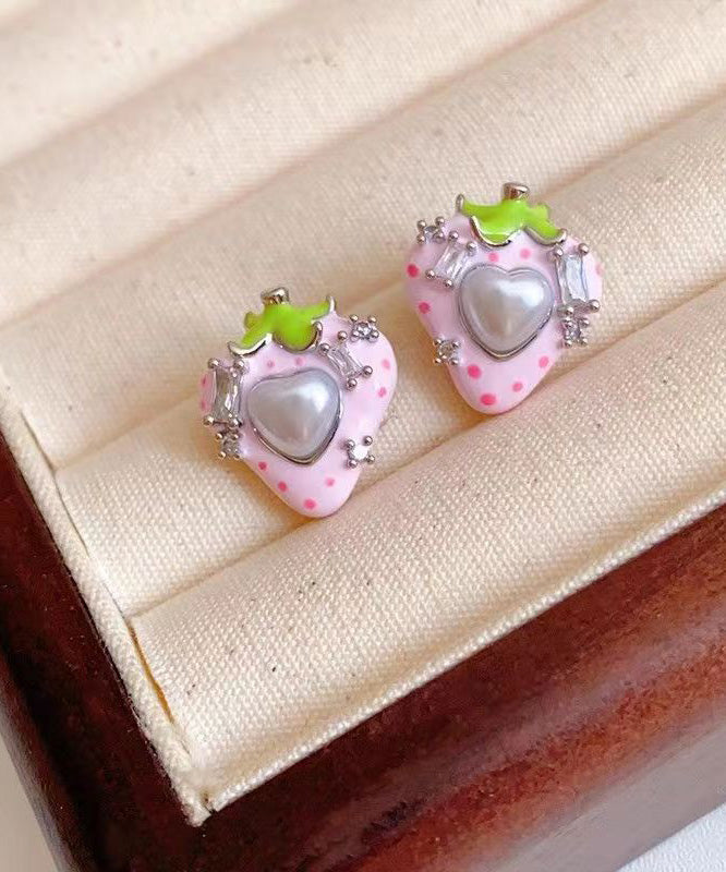 Cute Pink Copper Zircon Pearl Strawberry Love Stud Earrings