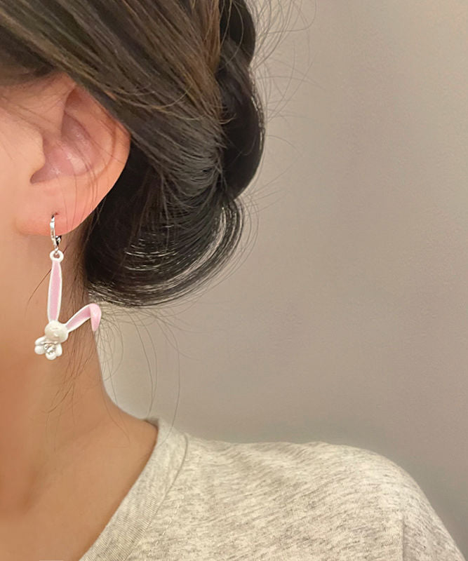 Cute Pink Copper Zircon Spray Painting Little Rabbit Drop Earrings