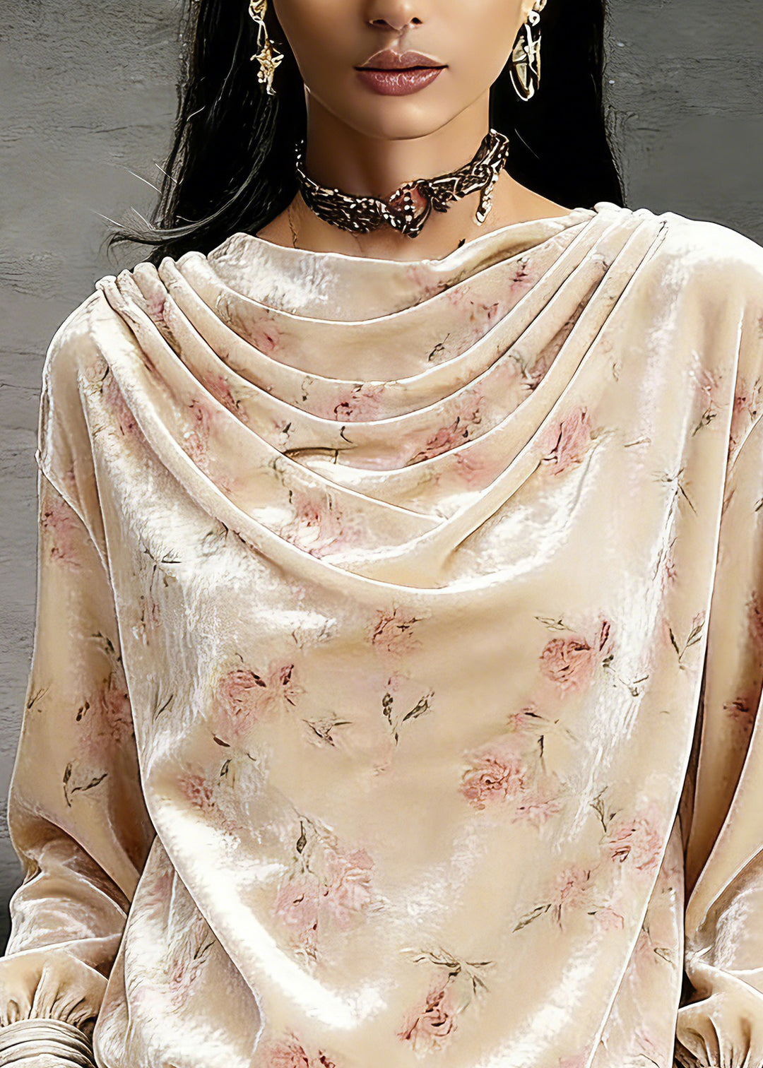 Cute Pink Draped Necklin Print Silk Velour Shirts Lantern Sleeve - Omychic